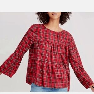 Madewell Red Black Small Tartan Plaid Tiered Button Back Bell Fluted Sleeve Top